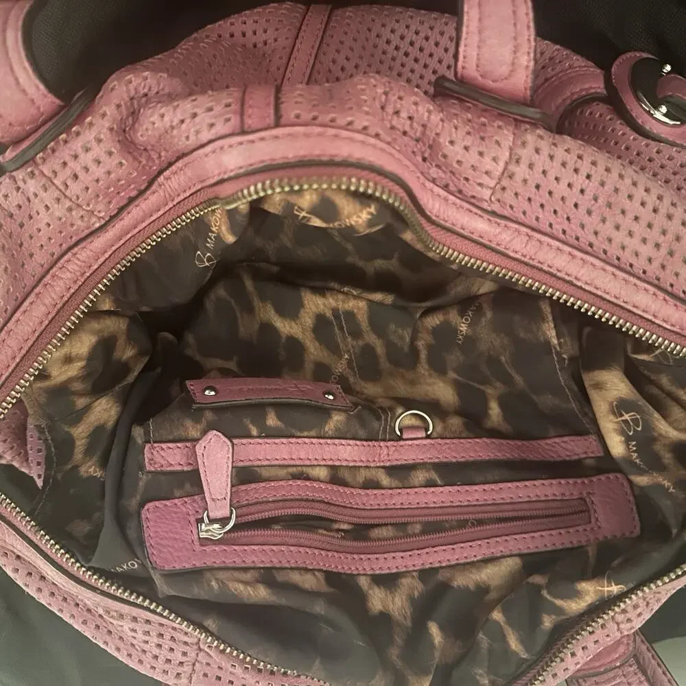 B Makowsky Pink Perforated Large Satchel Top Handle Bag Zip Silver Det Strap